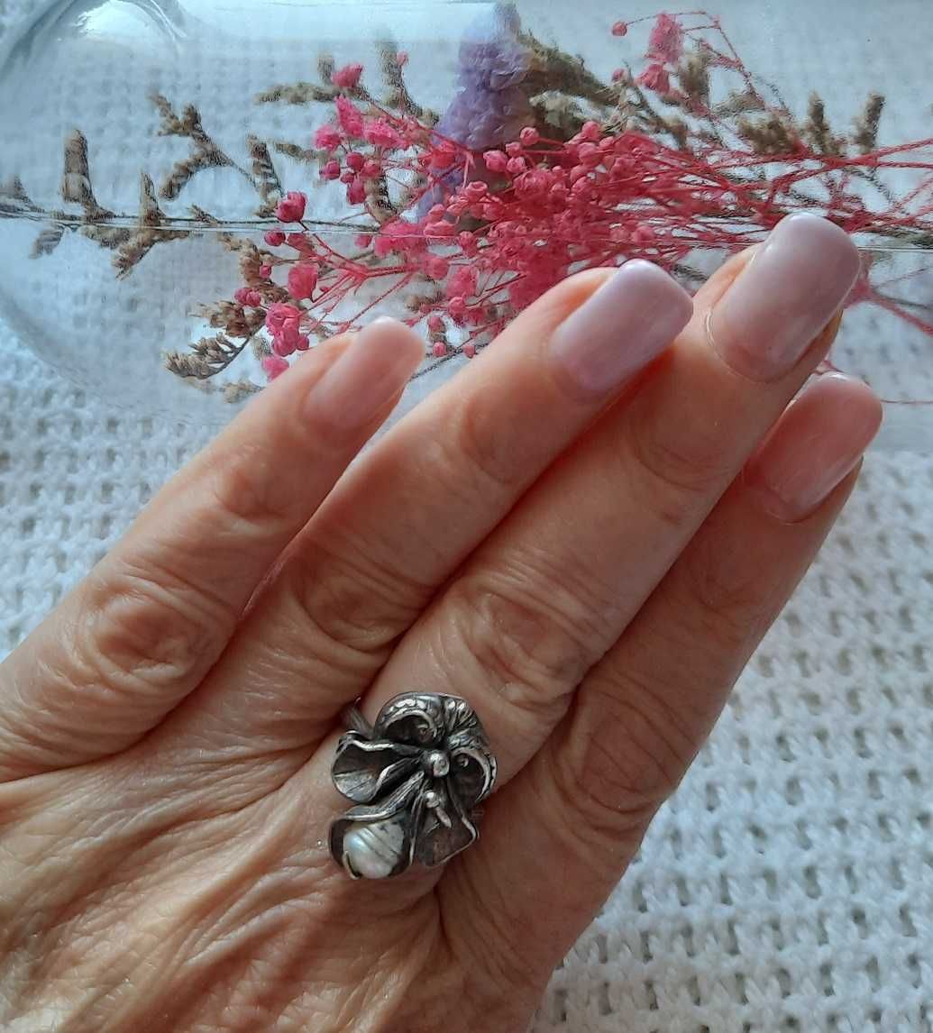 Antyk srebrny perła naturalna kwiat pierścionek unikat Vintage