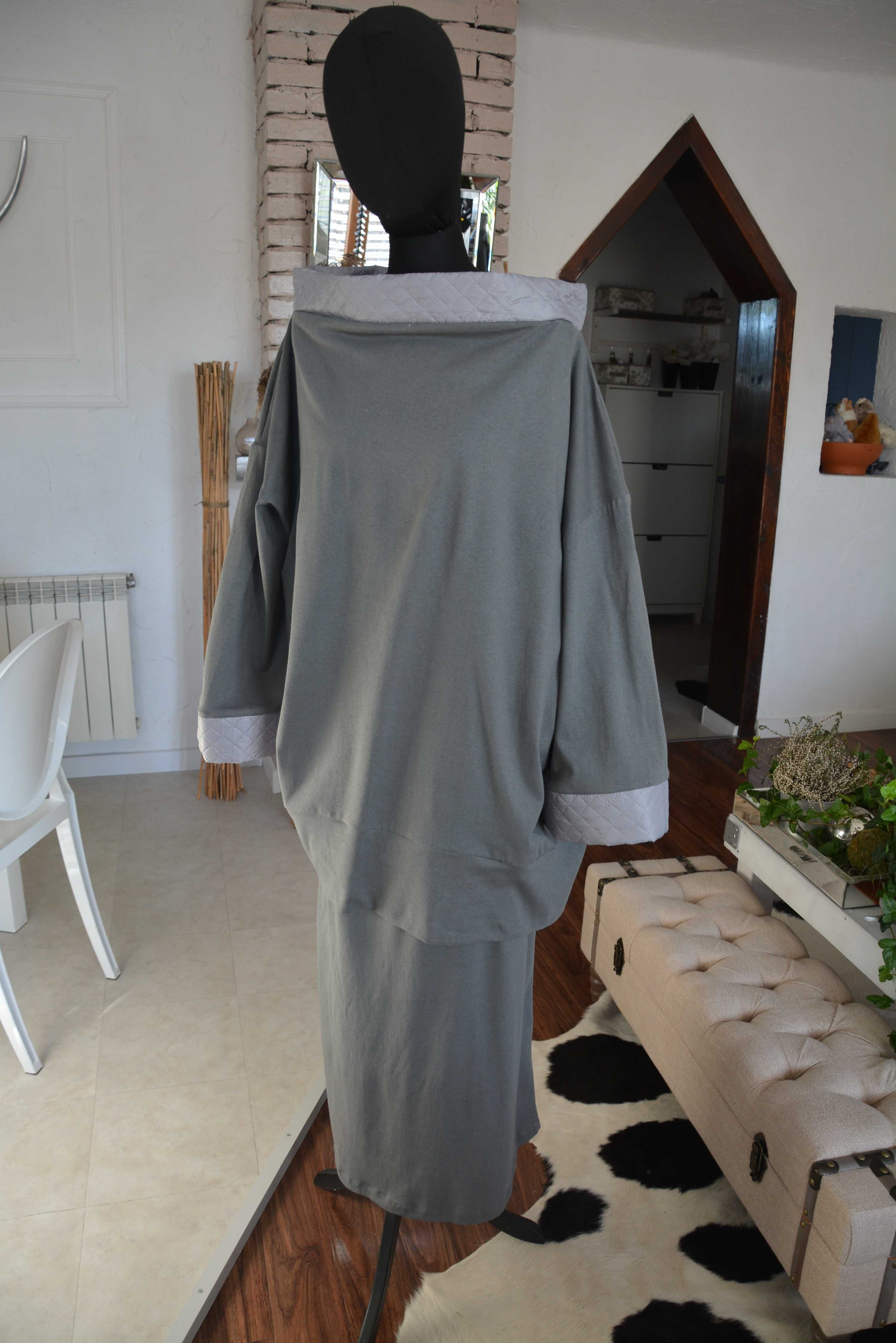 44-50 komplet zestaw spódnica bluza oversize zielonoszary dzianina