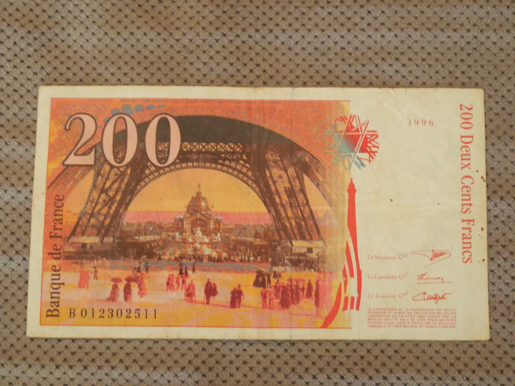 Banknoty 200 franków Francja 1996