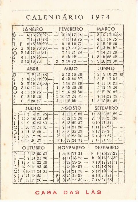 Calendário de Bolso 1974 – “O Barateiro da Covilhã”