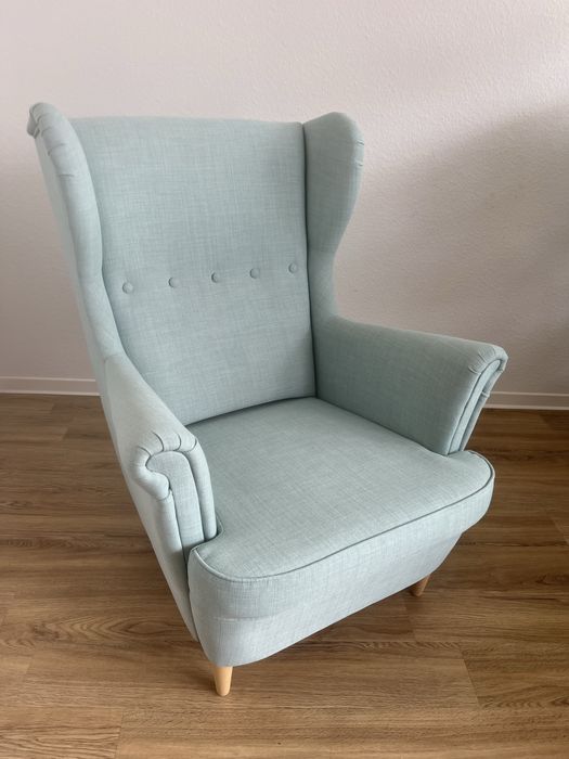 Ikea Strandmon fotel uszak miętowy błekitny niebieski - jak nowy
