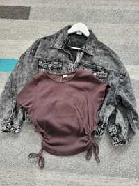 Damska krótka kurtka jeansowa czarna + t-shirt  H&M - rozmiar S