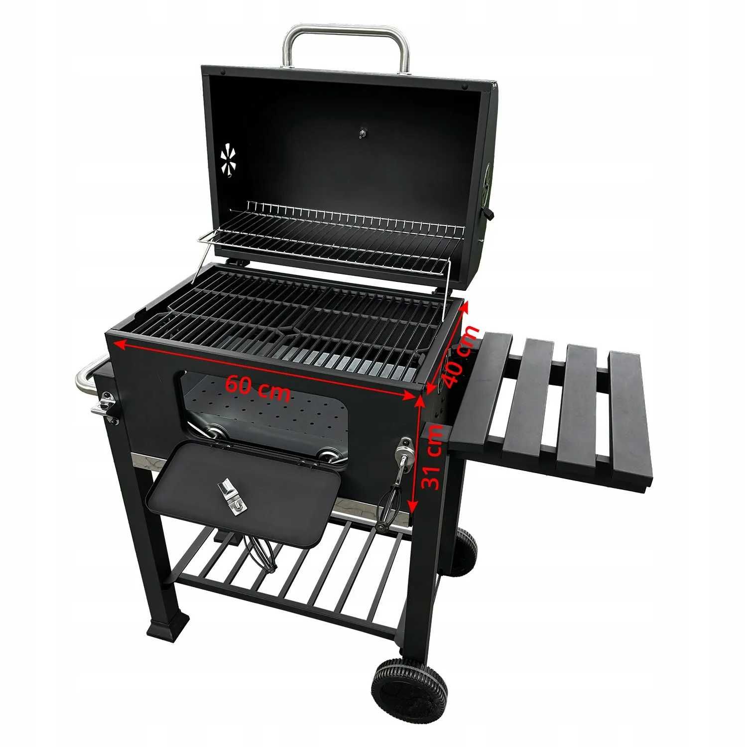 Duży grill węglowy żeliwny ruszt solidny trwały kółka półki termometr