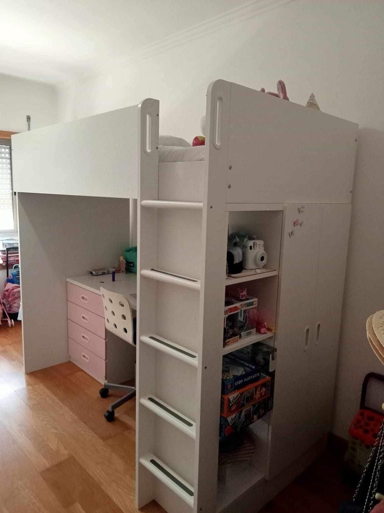 Smastad cama alta 90x200 rosa/branco