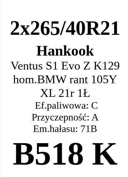 2x 265/40R21 Hankook Ventus S1 Evo Z K129 hom.BMW 2021r C/A/71dB