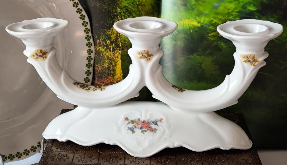 Świecznik kwiaty piękna stara porcelana