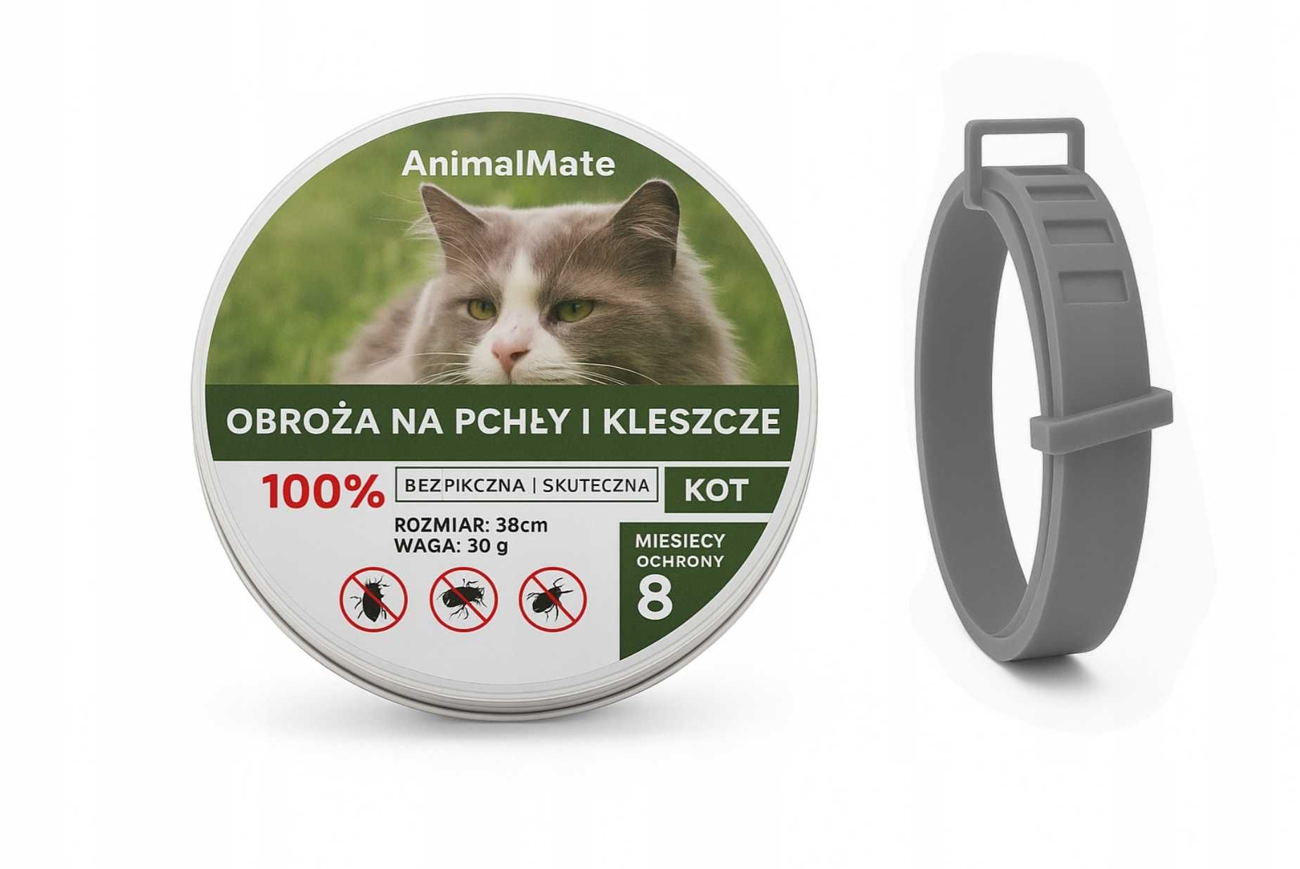 Obroża dla kota przeciw pchłom i kleszczom naturalna 38 cm Szara