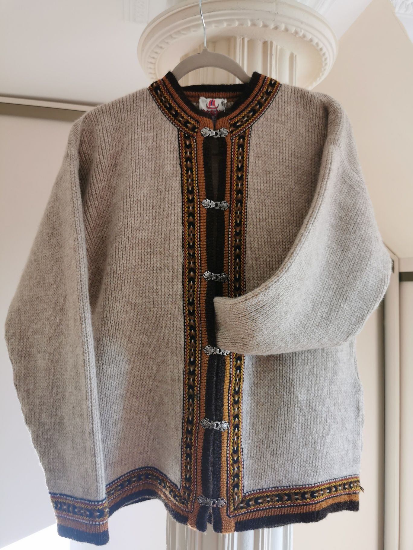 Sweter kardigan rozpinany wełniany norweski etno beżowy L