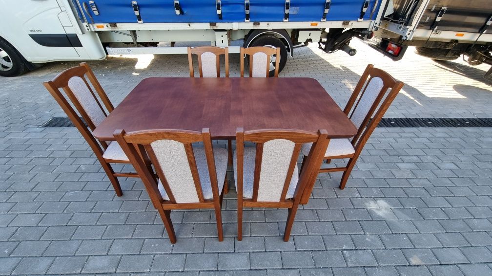 Nowe: Stół 80x140/180 + 6 krzeseł, kasztan + kawa z mlekiem, transPL