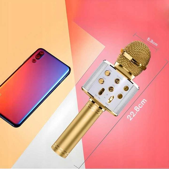 Mikrofon bezprzewodowy do karaoke złoty funkcja bluetooth głośnik usb