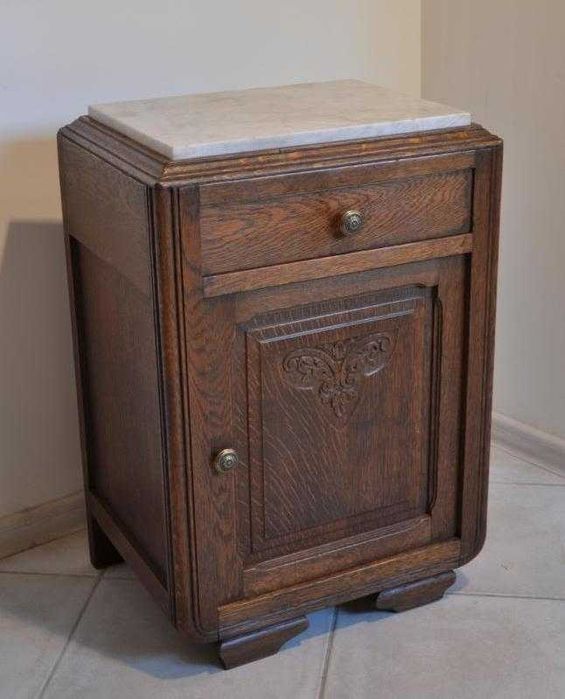 Zabytkowa drewniana szafka nocna, stojąca Art Deco z marmurowym blatem