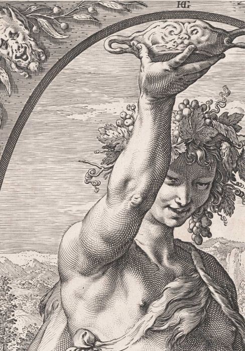 XVIII wieczny miedzioryt z Bachusem, wymiar 69cm x 99cm.