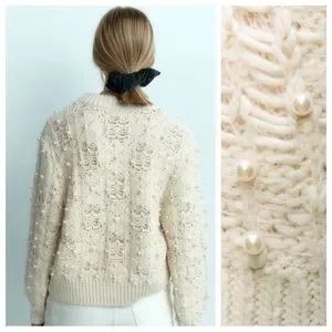 Zara knit kremowy sweter z perłami perły S 36 warkoczowy