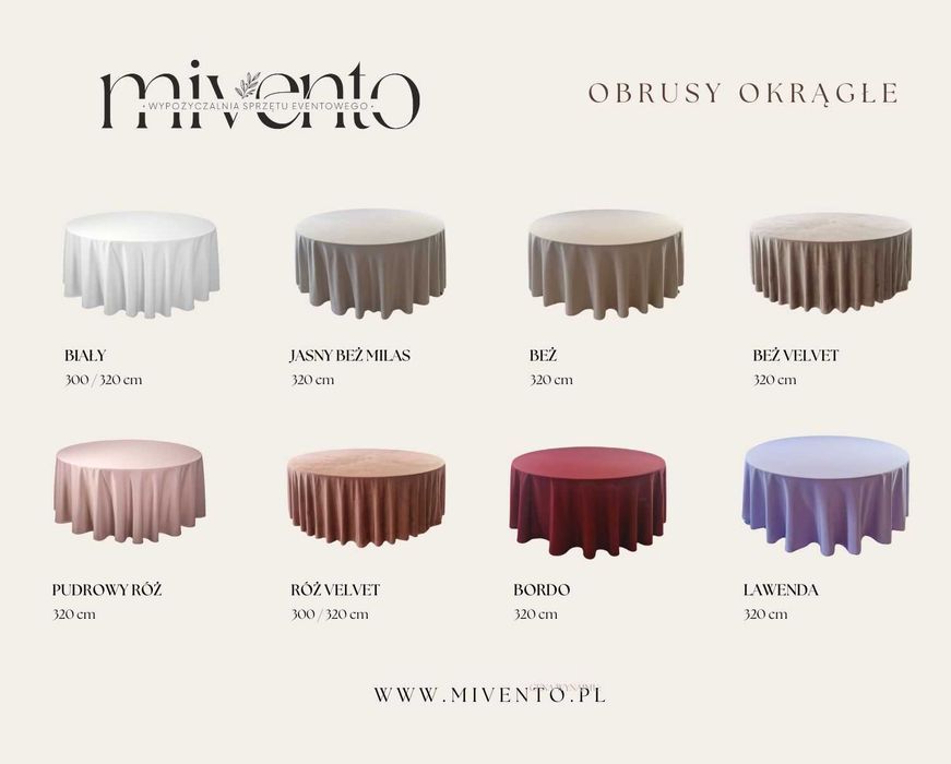 Wynajem obrusów okrągłe, prostokątne, cekinowe, velvet , serwety
