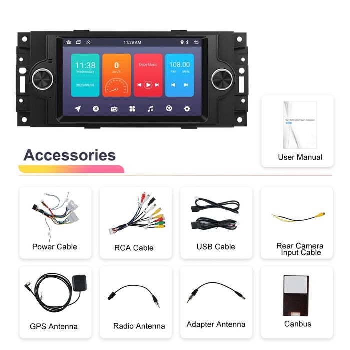 Rádio Android 13 6.2" p/ Jeep/Chrysler/Dodge | GPS | WiFi | EQ | NOVO