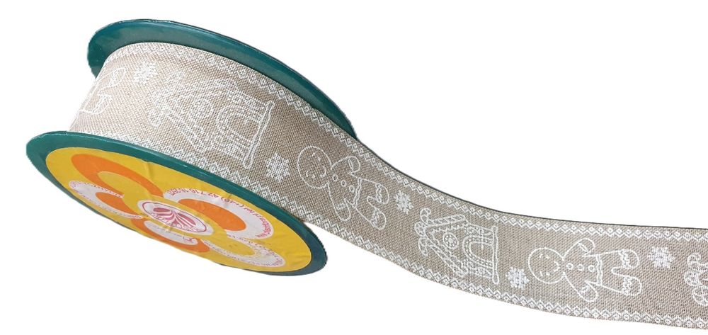 Wstążka Lniana Tkana Motywem Świątecznym 4 Cm X 10 Yd