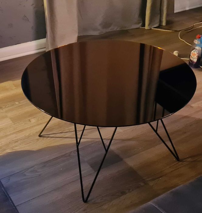 NOWY stolik kawowy okrągły szklany blat miedziany czarny lustro