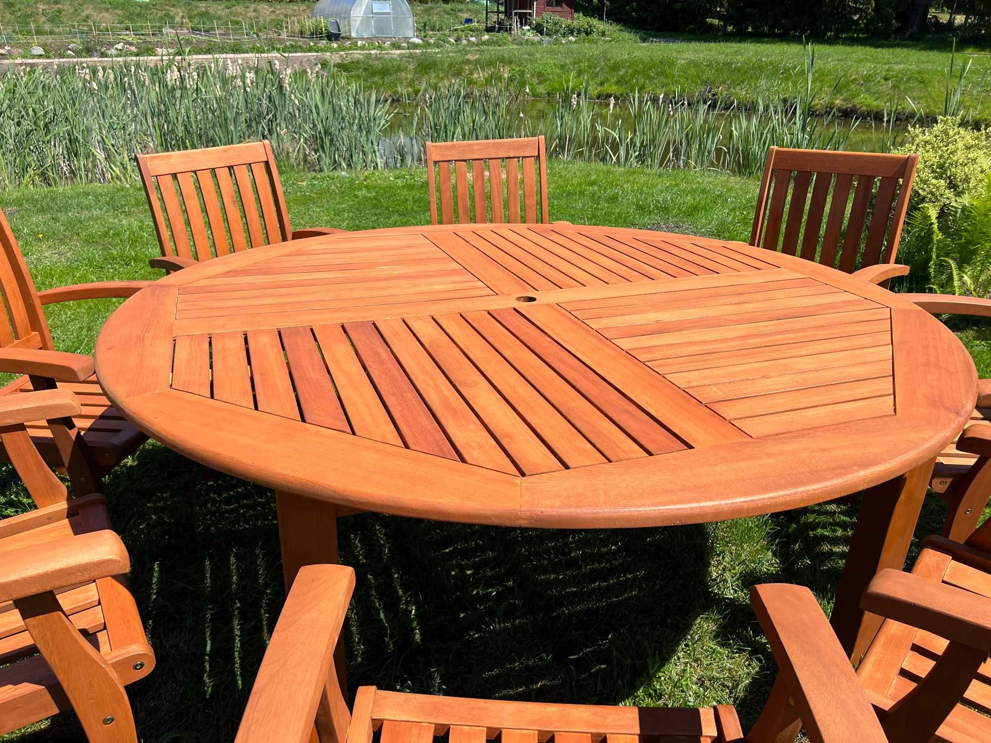 Zestaw drewnianych mebli ogrodowych duży okrągły stół 8 foteli
