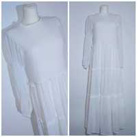 Sukienka długa maxi biała boho 38 M długi rękaw rozkloszowana