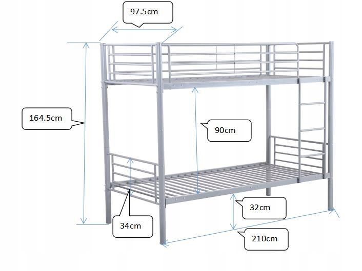Łóżko piętrowe metalowe IKEA SVARTA z materacem szare