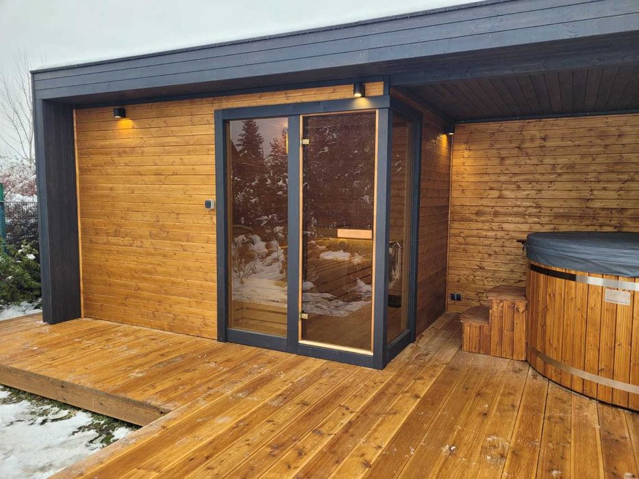 sauna ogrodowa duża z przedsionkiem i miejscem na balie,spa zewnętrzne