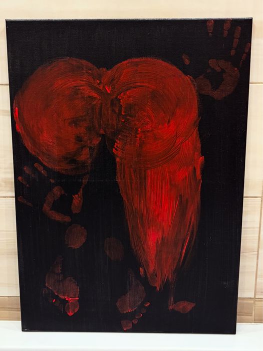Obraz „Dotyk w czerwieni” - powstał poprzez  kontakt ciała z płótnem.