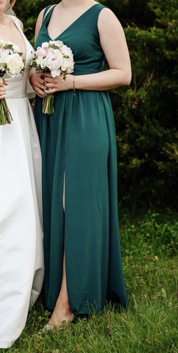 Długa sukienka w kolorze butelkowej zieleni (M/L)