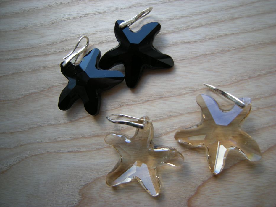 kolczyki kryształy czarne i blado złote rozgwiazdy dł.5,5 cm