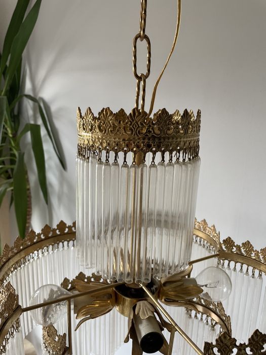 Lampa zyrandol duzy zloty ze szklem antyk lata 70