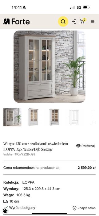 Szafa witryna 130 cm z oświetleniem