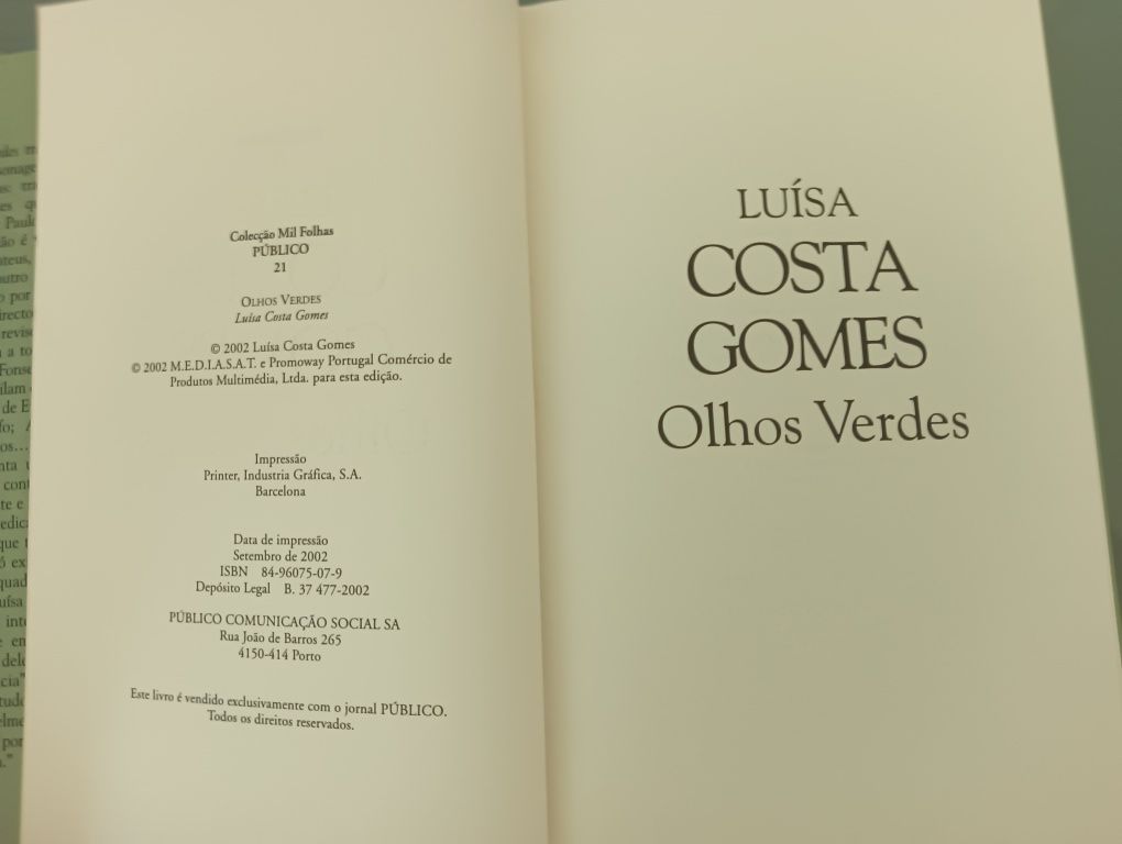 Olhos Verdes , de Luísa Costa Gomes ;		Novo! Nunca Usado!