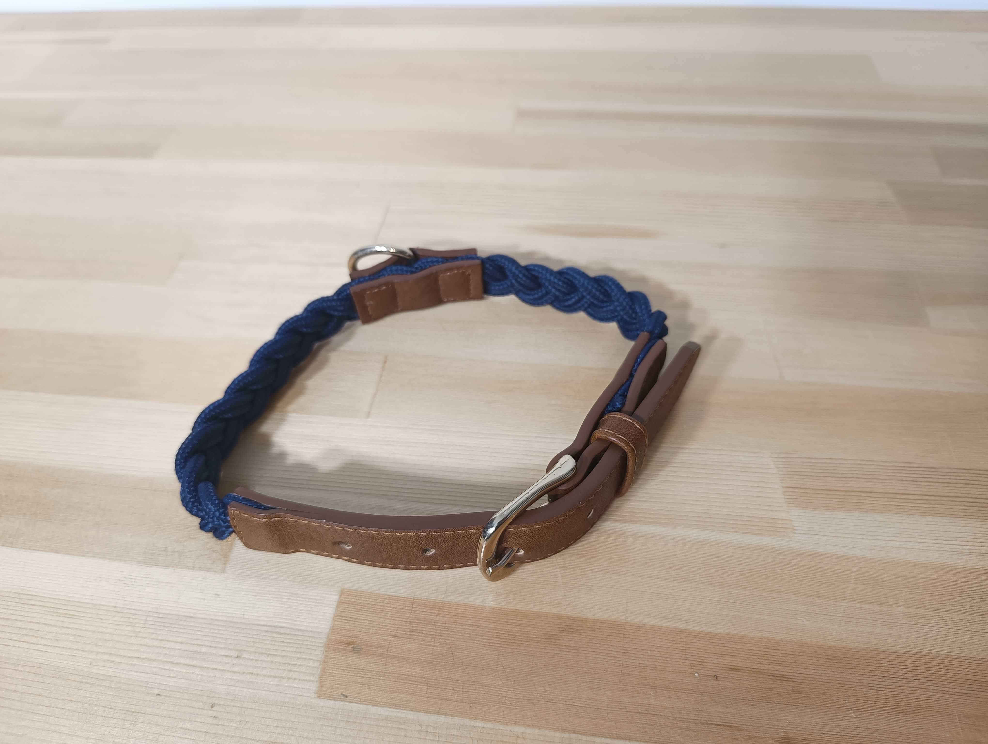 Elegancka obroża dla psa - brązowa skóra + granatowy warkocz