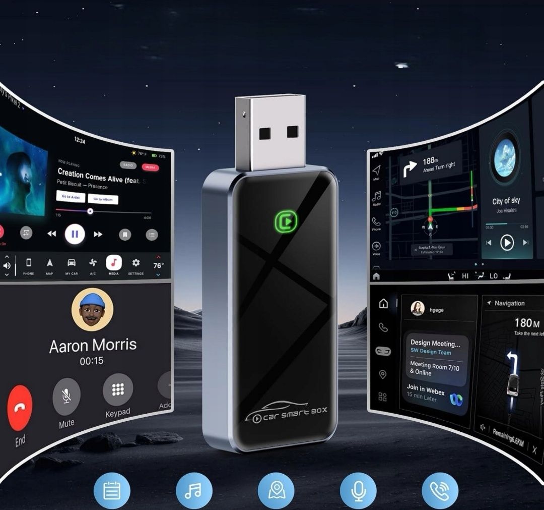 Adapter CarPlay Bezprzewodowy Dongle iPhone iOS 10+ Nawigacją Muzyką