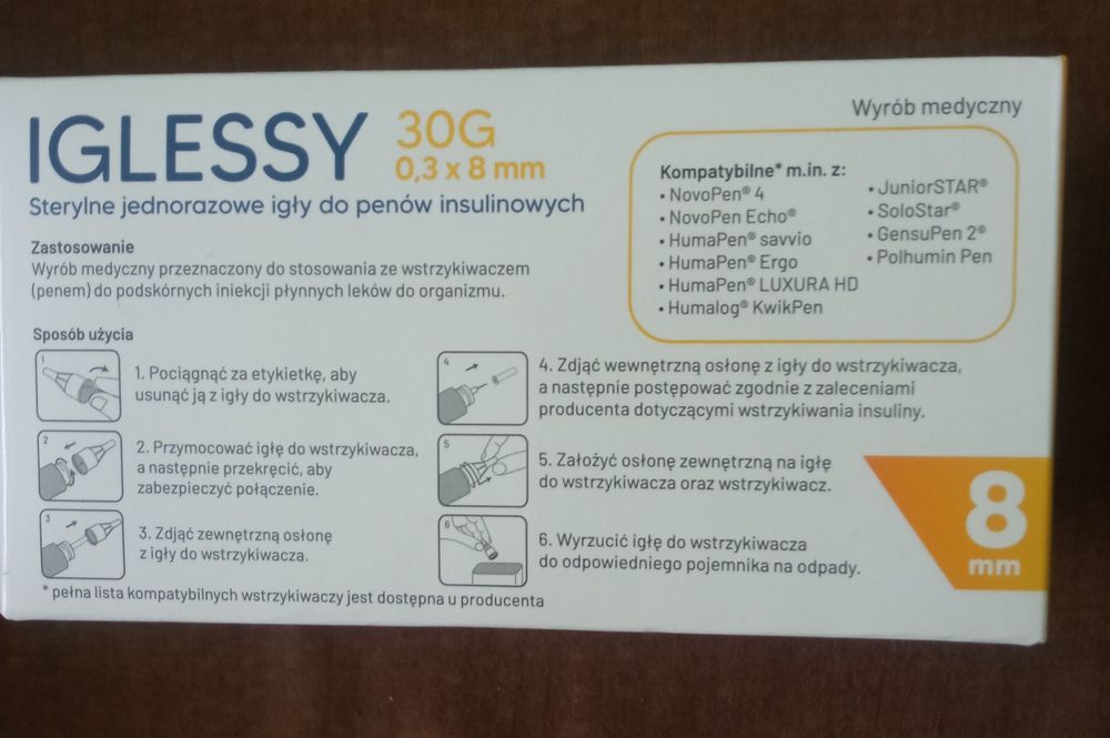 Sterylne, jednorazowe igły do penów insulinowych - 03 x 8 mm, 100 sztu