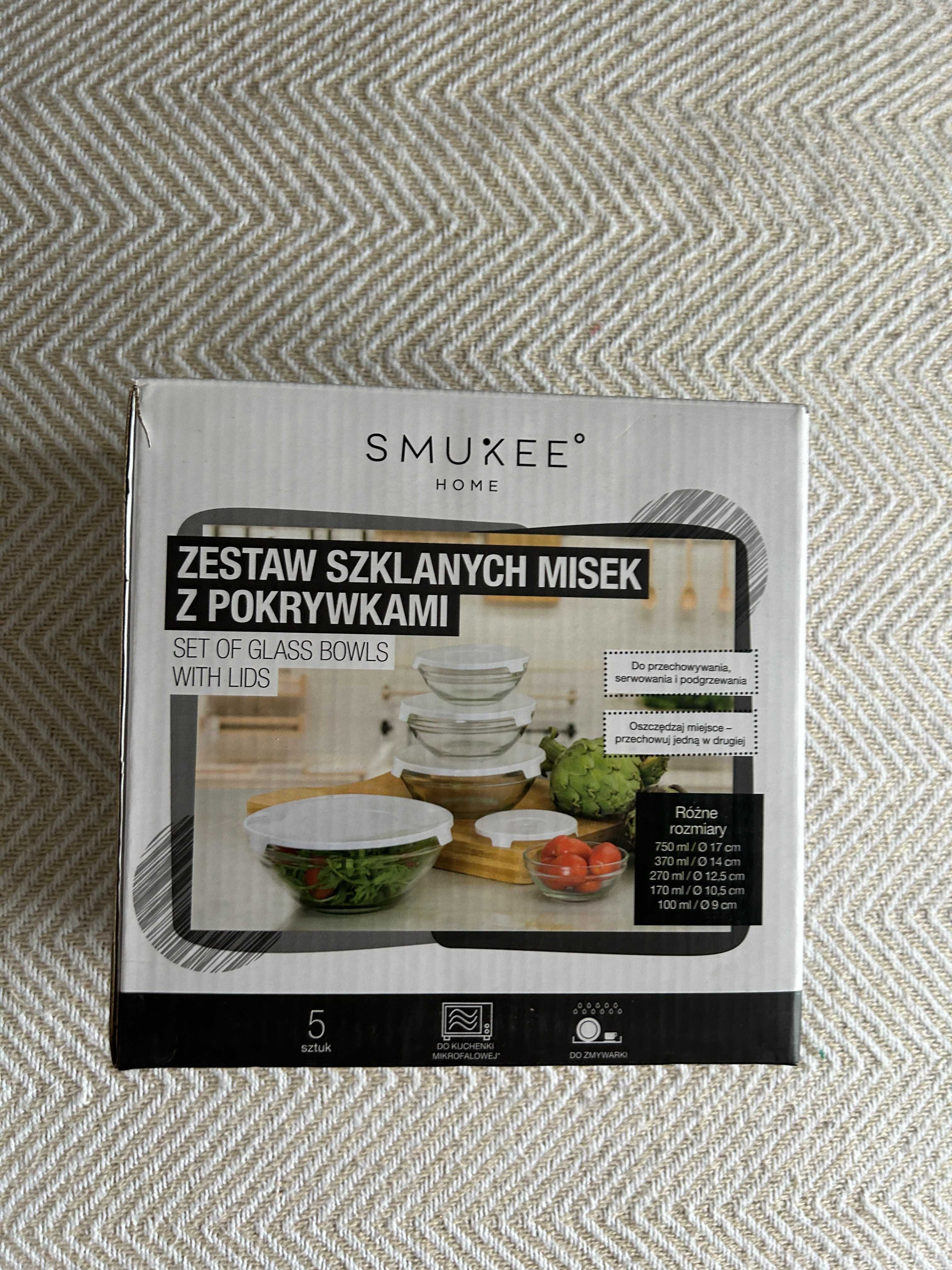 NOWE szklane miski z pokrywkami Smukee 5-pak - białe