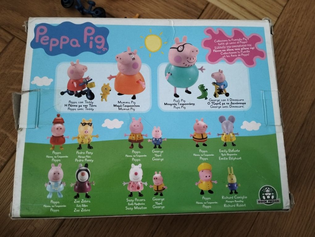 Peppa Pig Świnka Peppa Mama rowerek miś Teddy zestaw pudełko