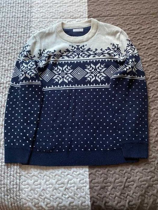 Sweter zimowy Reserved męski L, ciemnoniebieski z białym, śnieżynki