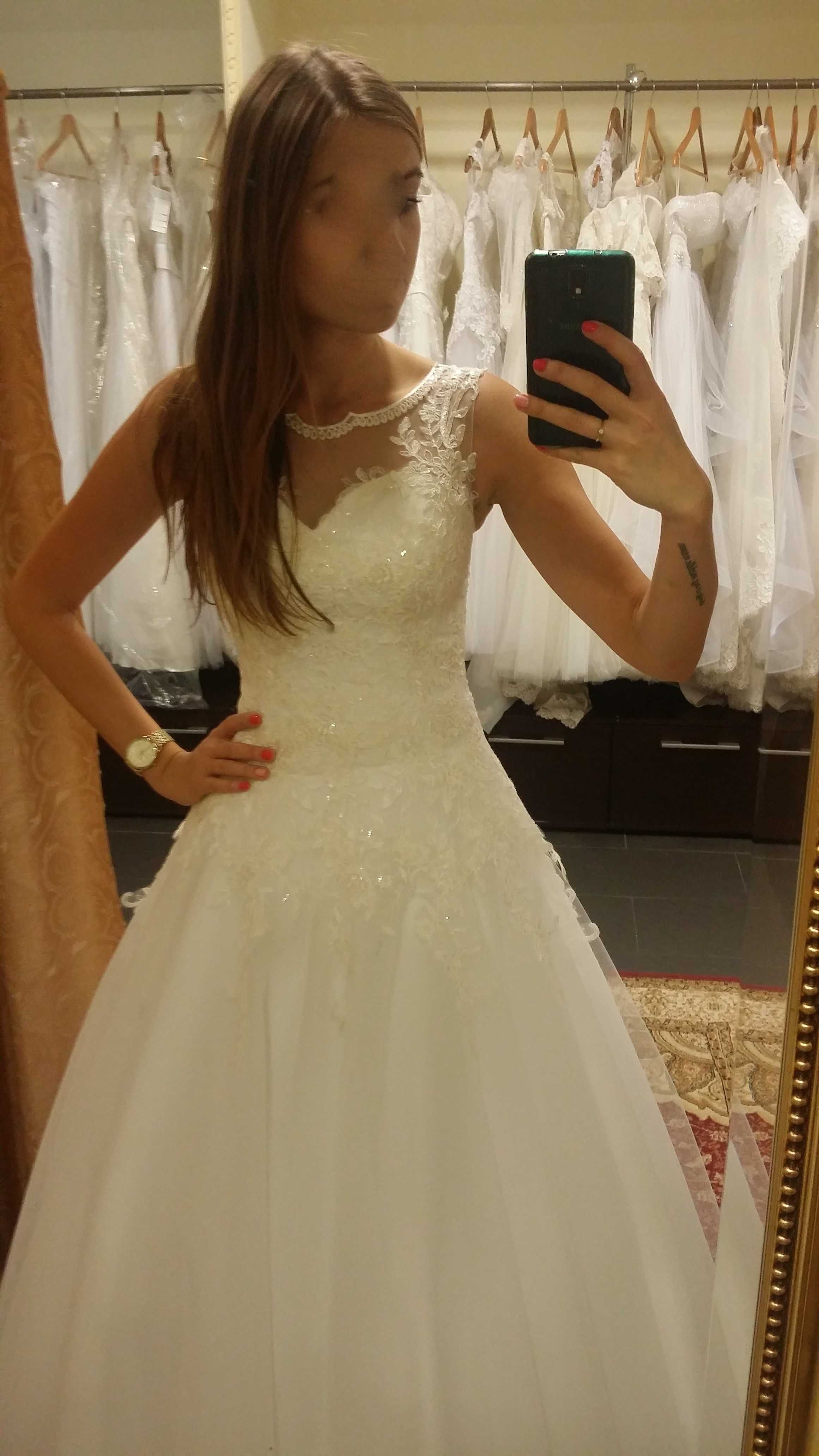 piękna suknia ślubna boho xs 34 / 36 173cm + obcas biel śmietankowa