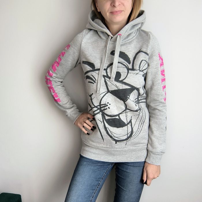 Szara bluza damska kaptur ocieplana kieszenie różowa pantera