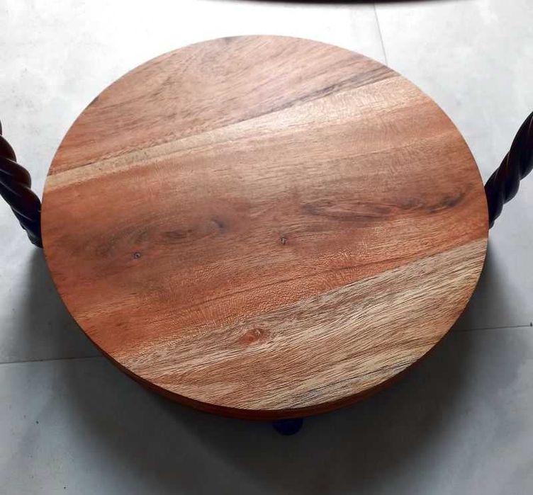 Etażerka dwupoziomowa, patera, półka drewno i metal.