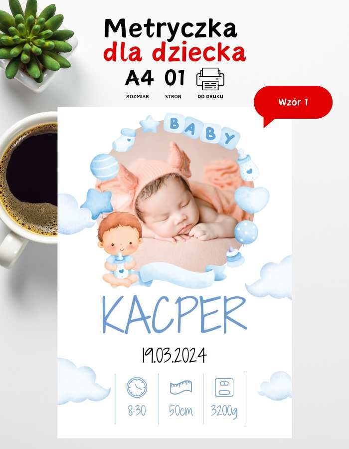 Metryczka dla dziecka chrzest, urodziny ze zdjęciem do druku A4