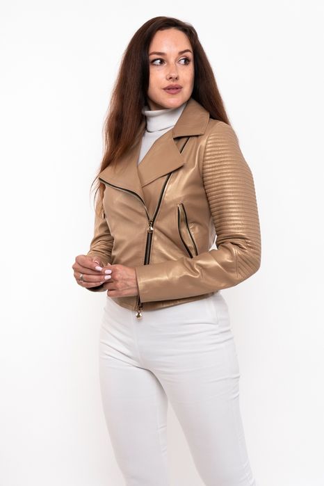 Куртка жіноча з натуральної шкіри темно-бежевый/перламутр Balmain
