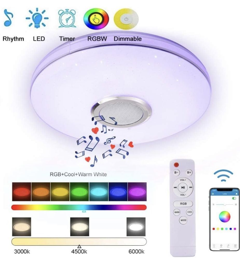 Muzyczna lampa sufitowa z głośnikiem Bluetooth