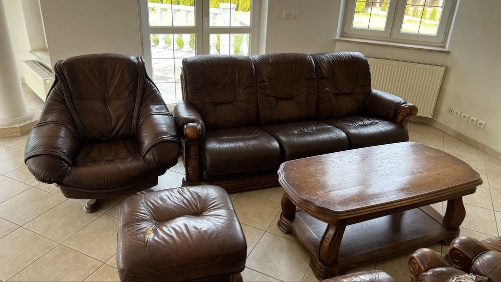 Meble dębowe - skórzane, 3 fotele, kanapa, ława, pufa