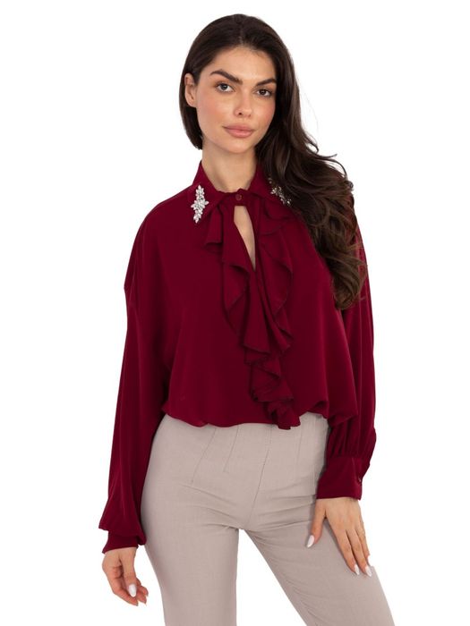 Bluzka elegancka bordowa z żabotem i ozdobnym kołnierzem