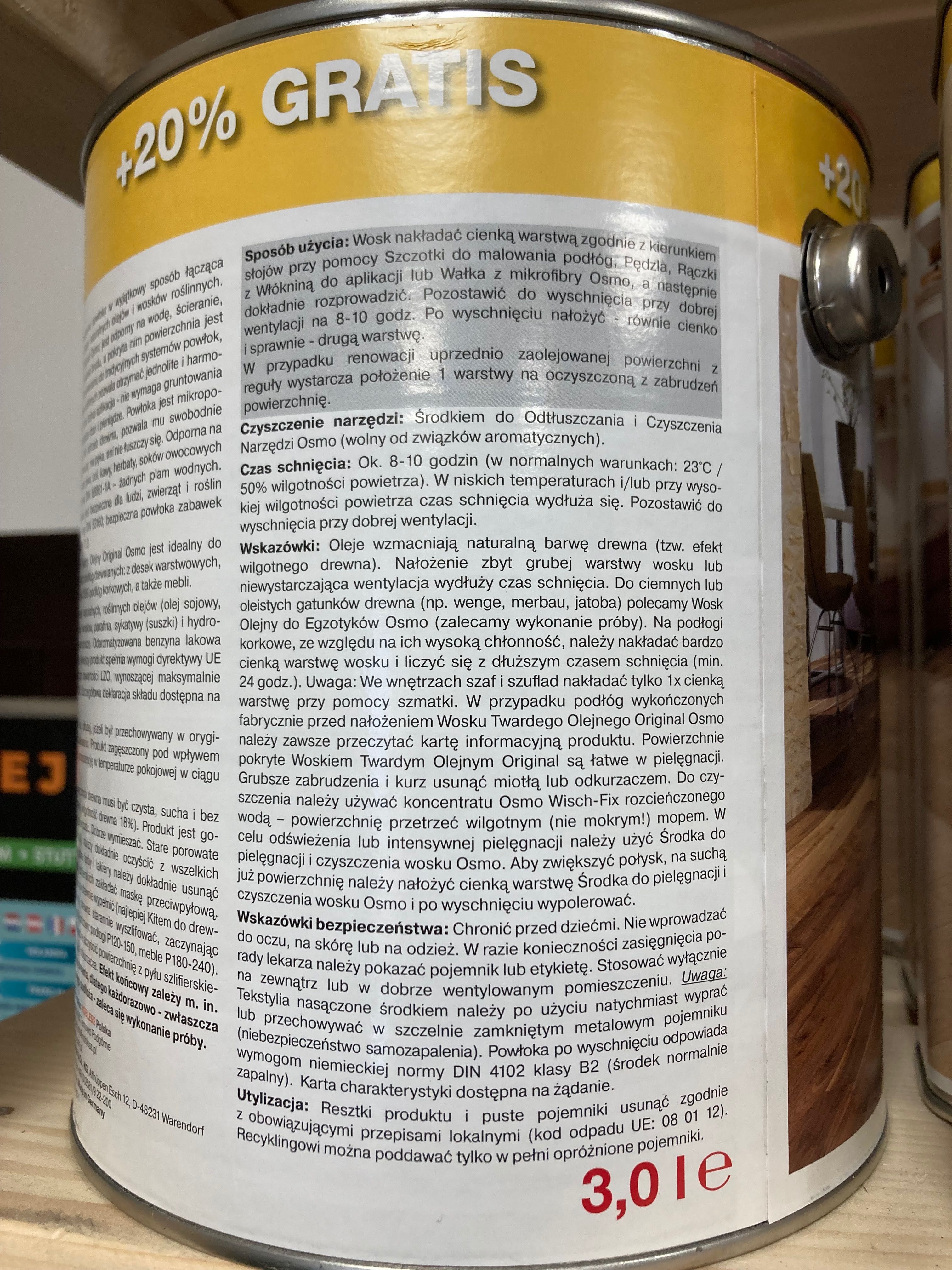 Osmo 3032 wosk twardy olejny bezbarwny jedwabisty połysk 3 L