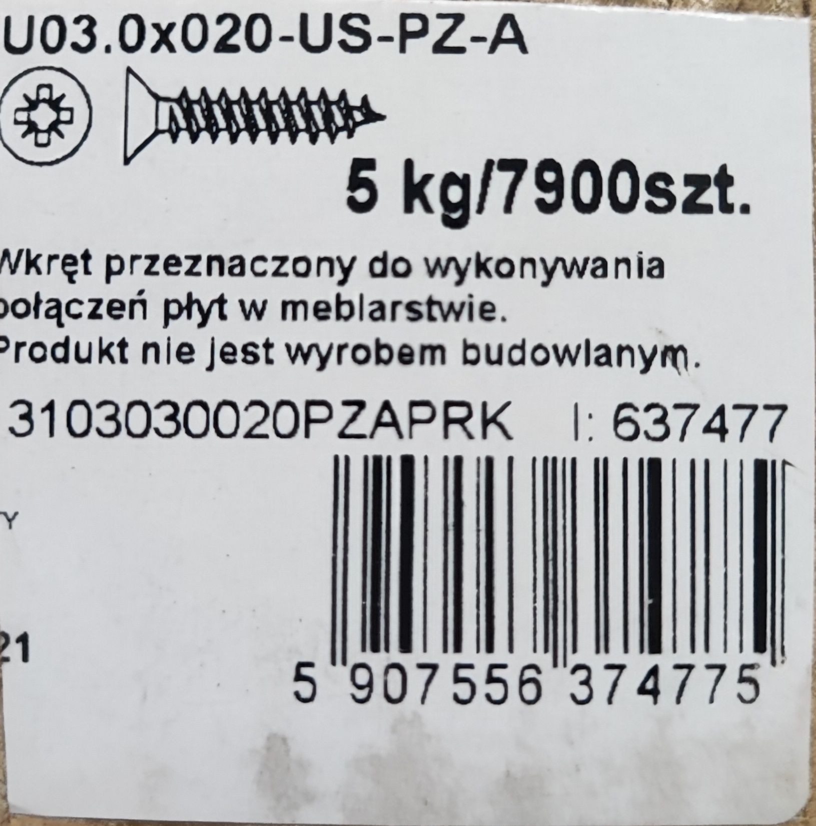 Wkręt złoty 3x20, 5kg 7900sztuk