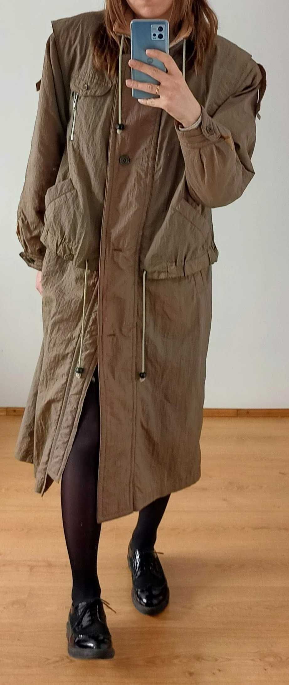 Kurtka długa parka trencz płaszcz brązowy wełna vintage