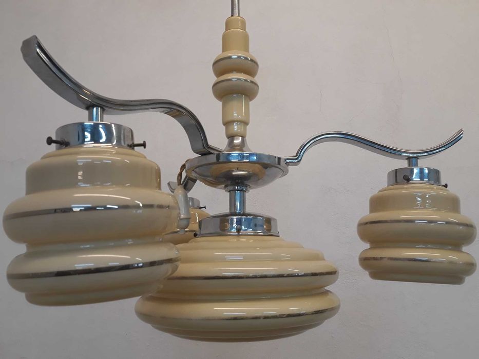 Żyrandol przedwojenny art deco 3 ramienny srebrny chrom uranowe szkło