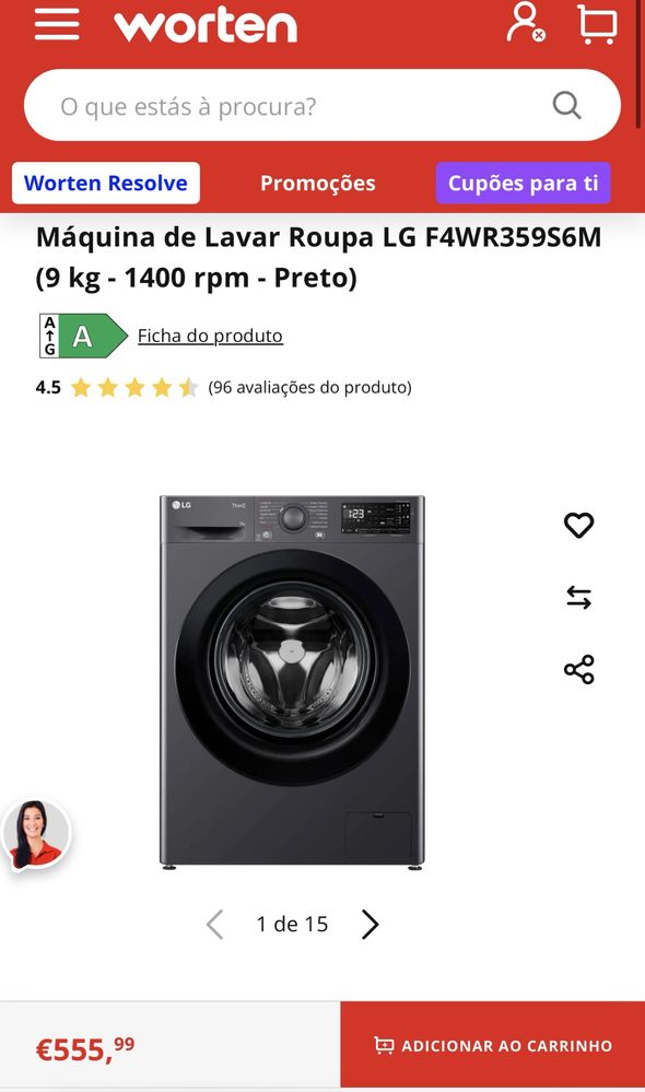 Máquina de Lavar Roupa LG F4WR359S6M 9kg